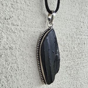 Raw Black Tourmaline Pendant Necklace in Sterling Silver Overlay (2.5")